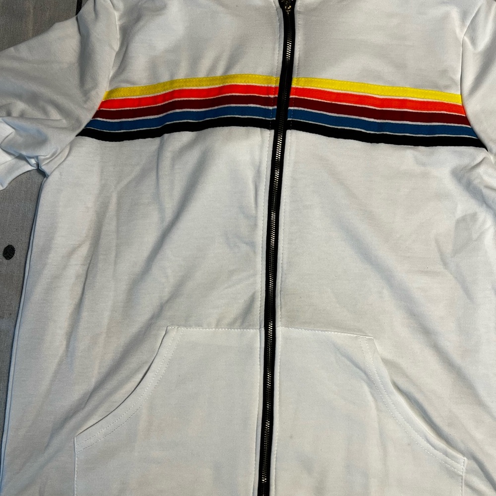 White Zip-Up Hoodie with Multicolor Stripes